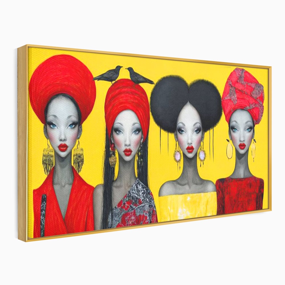 Tablou canvas cu ilustratie canvas cu patru femei stilizate, in rama de aluminiu auriu